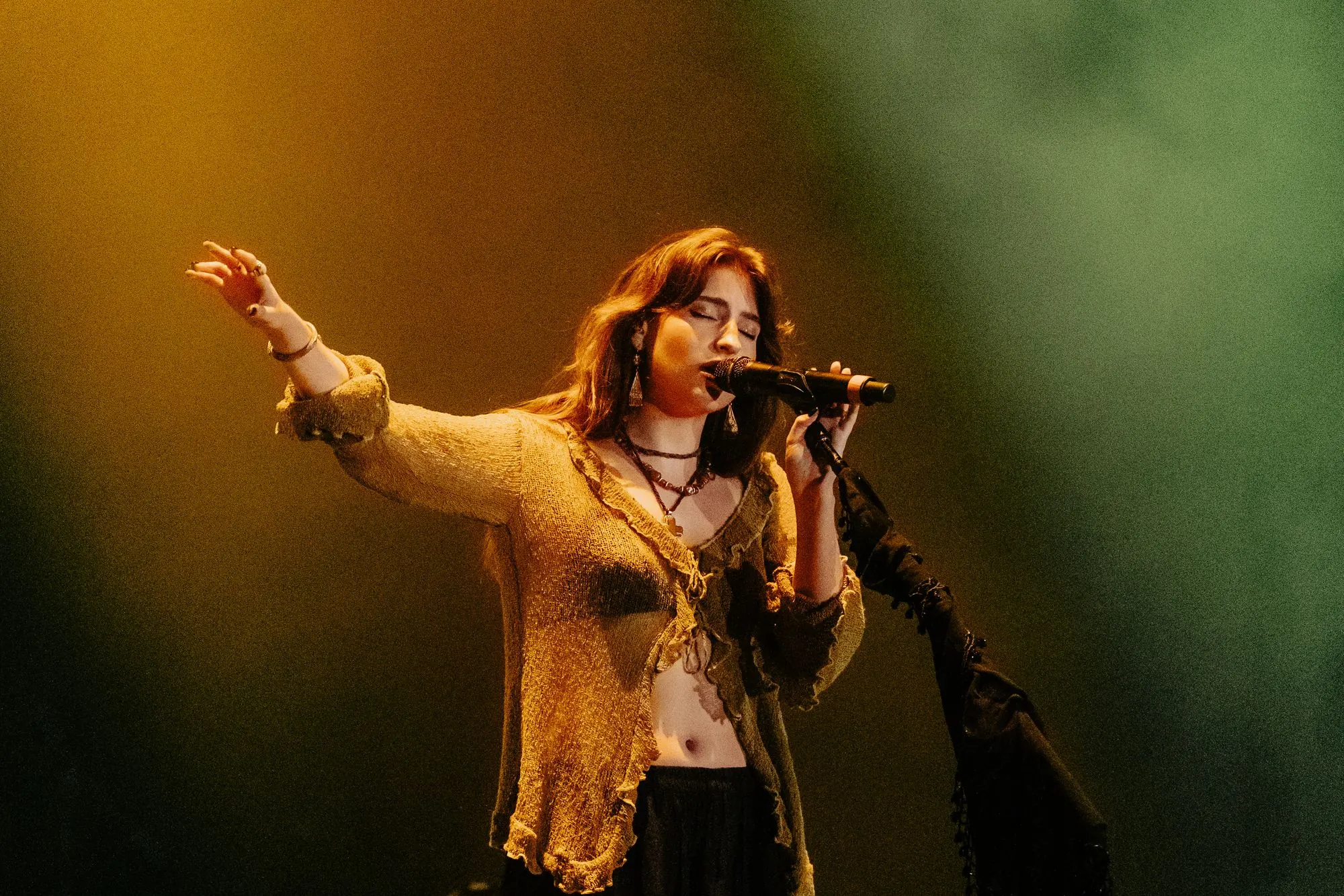 Singer performing into a microphone on stage